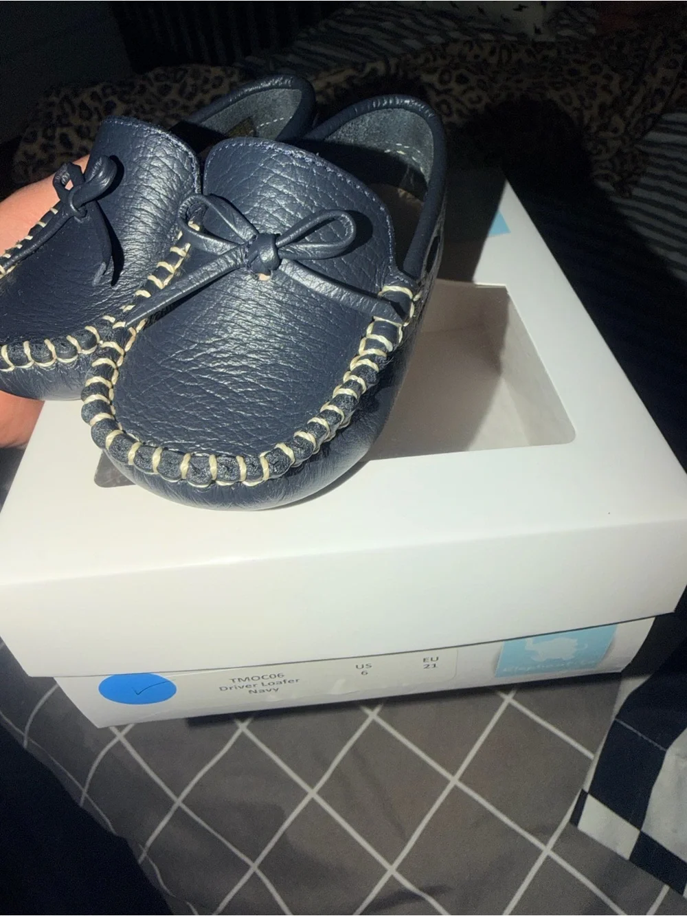 Elephantito Navy Leather Baby Moccasins with Contrast Stitch